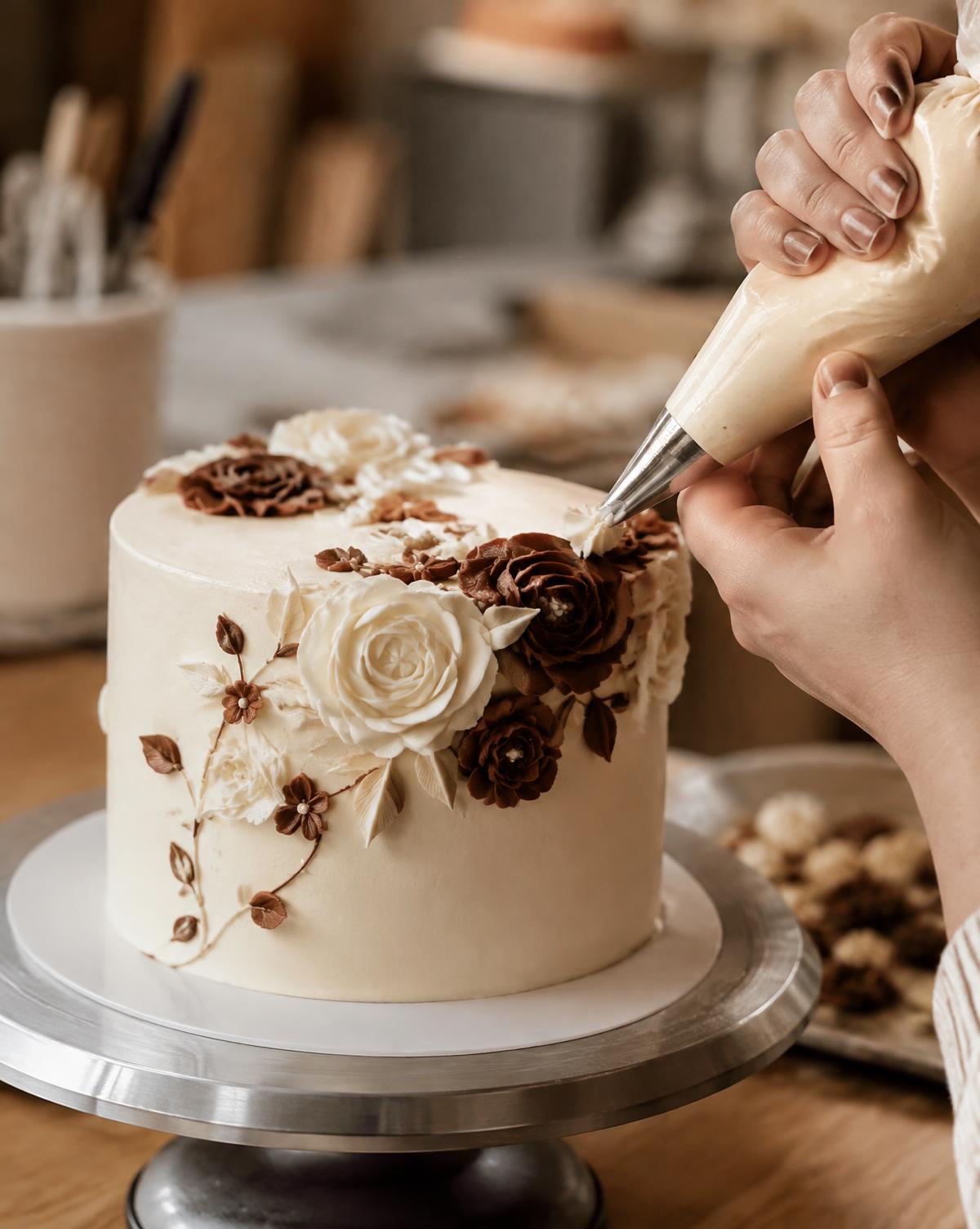 Baker piping buttercream flowers onto a custom cake