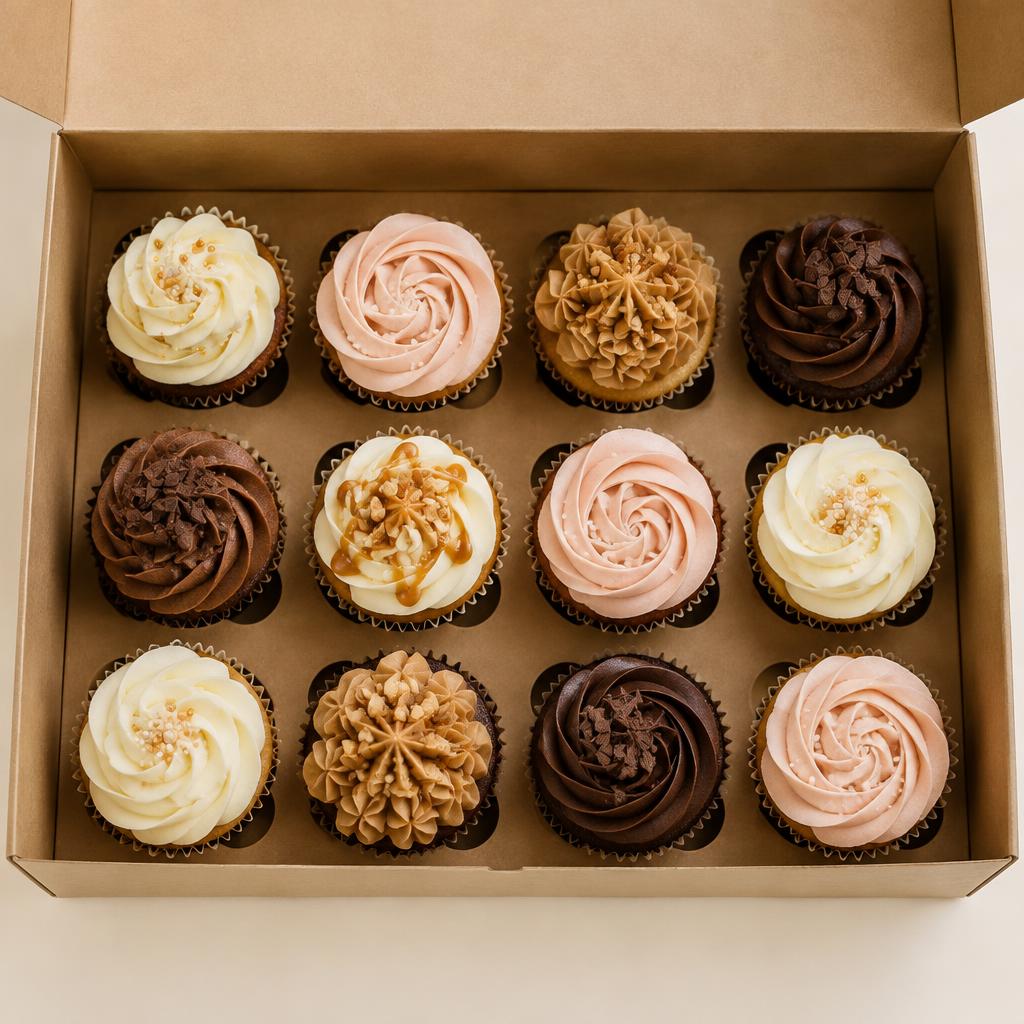 Box of twelve decorated cupcakes