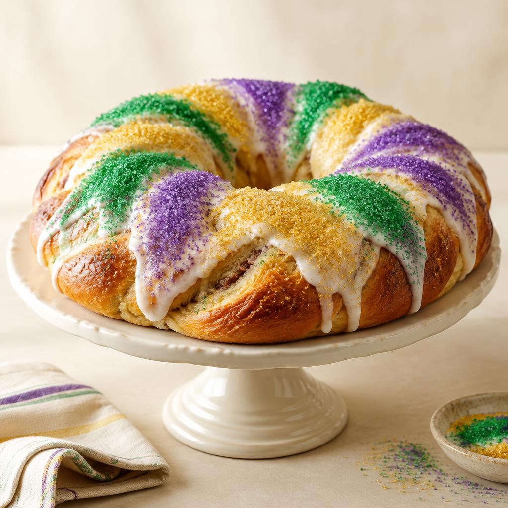 New Orleans king cake with purple, green and gold sugar